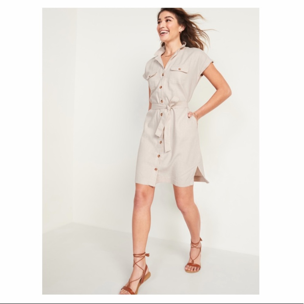 Waist-Defined Linen-Blend Tie-Belt Shirt Dress (Size Medium)